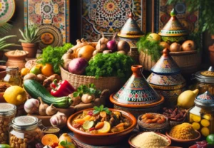 Une table rustique en bois ornée d'ingrédients locaux vibrants et de plats typiquement marocains. Des légumes frais, des herbes et des épices comme le safran et le cumin Guide Complet de la Scène Culinaire d'Agadir