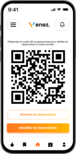 Capture d'écran de l'interface de l'application Venez.ma, mettant en évidence le QR code reçu par un utilisateur après avoir effectué une réservation.