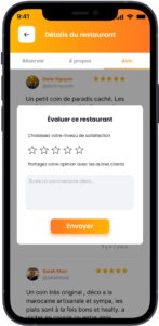 Capture d'écran de l'interface de l'application Venez.ma, illustrant la fonctionnalité permettant aux utilisateurs de noter et d'exprimer leurs avis sur un endroit.