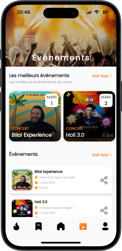 Interface de l'application Venez.ma pour la recherche d'événements