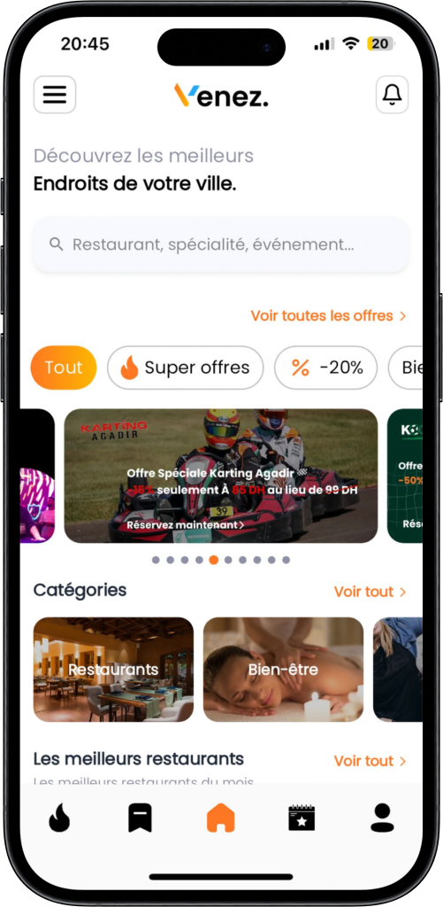 Interface de l'application Venez.ma montrant les filtres de recherche d'événements